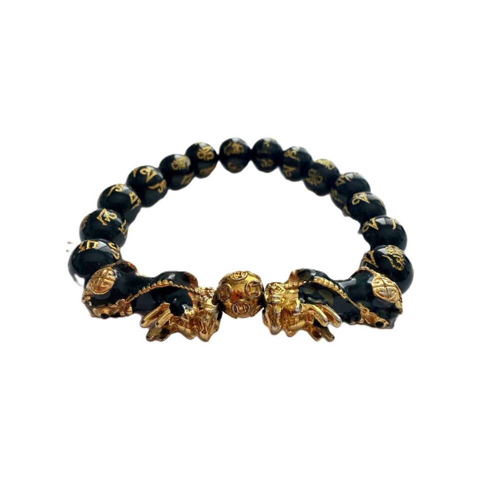 Feng Shui Black Obsidian Wealth Bracelet Gold Pixiu Piyao Buddhist Mantra Bead